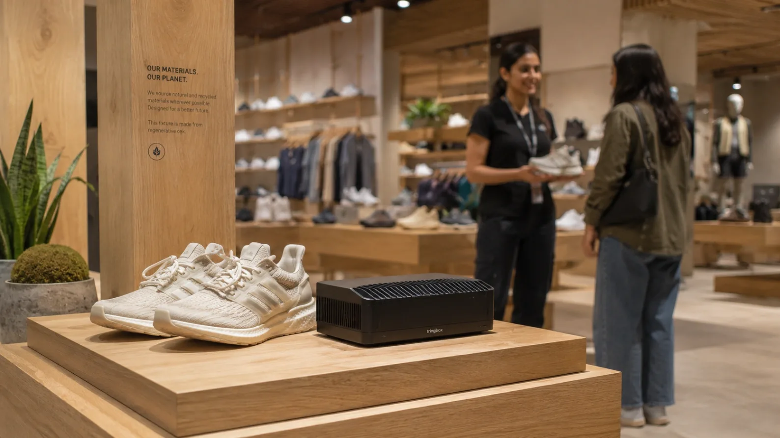 A modern, phygital retail store featuring modular sustainable wood displays and invisible edge-computing infrastructure, highlighting the future of in-store services.