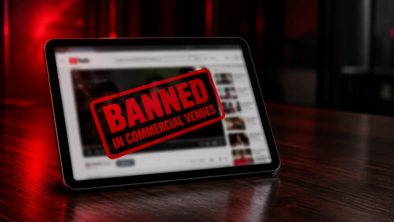A conceptual photograph comparing a tablet streaming a consumer video app stamped with a red BANNED warning against a sleek, compliant B2B commercial audio node.