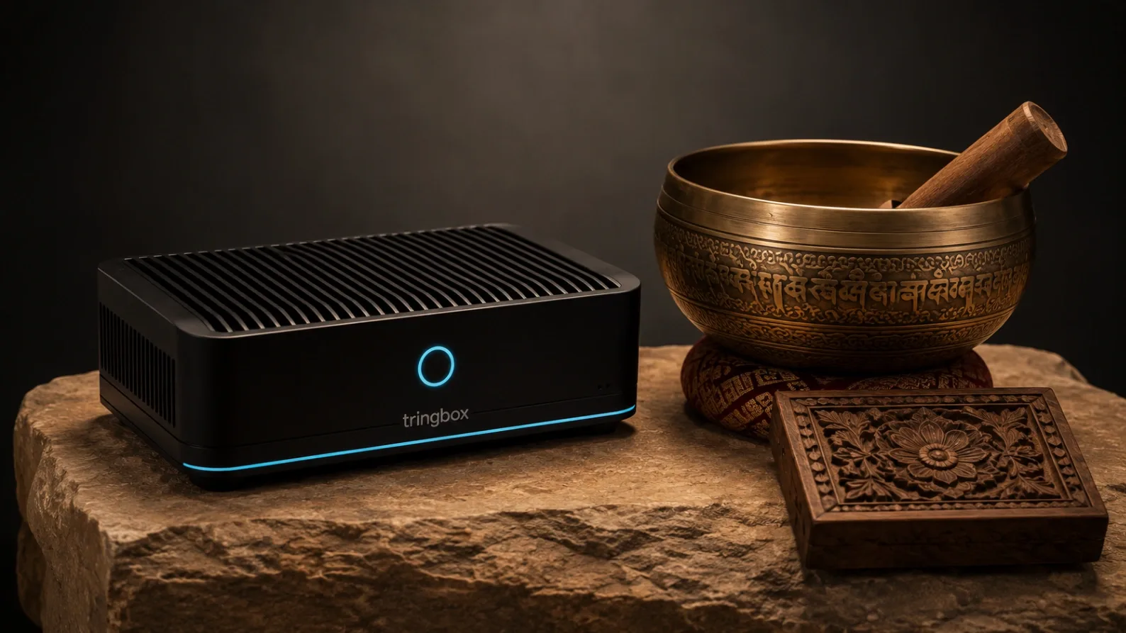 A conceptual studio photograph contrasting a modern commercial edge-computing audio device with traditional Indian cultural elements.