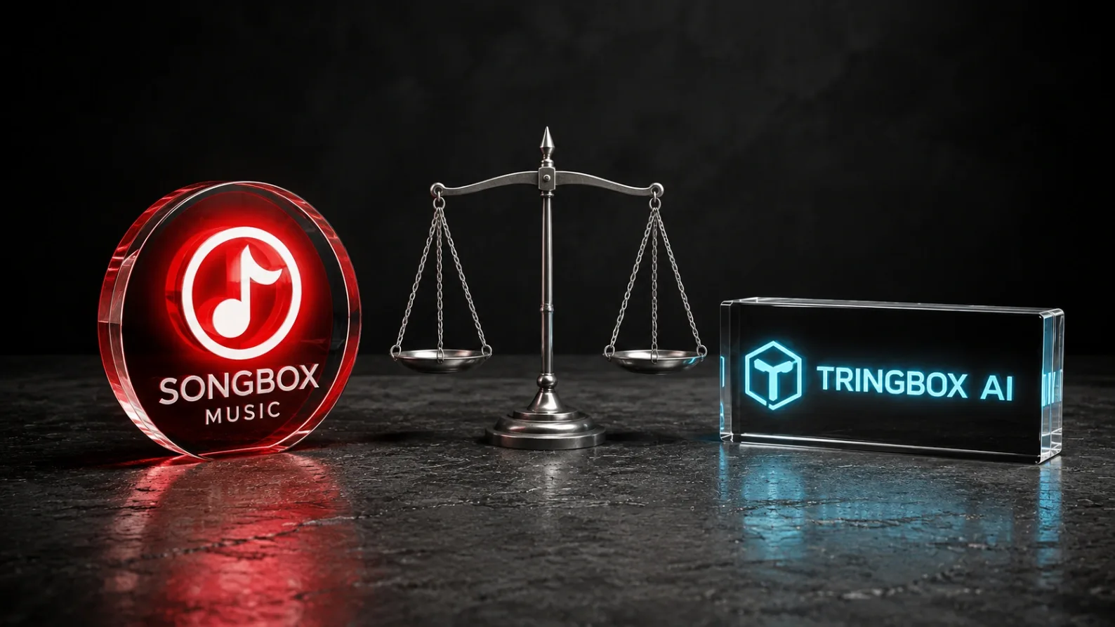 A physical studio comparison showing the vivid red Songbox Music logo block alongside the sleek, matte-black Tringbox AI logo block on a textured review desk.