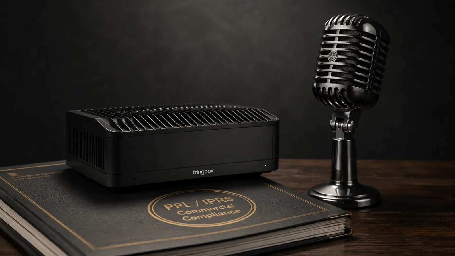 A physical 3D representation of commercial music tech featuring official licensing documents alongside a glowing vintage microphone on a studio desk.