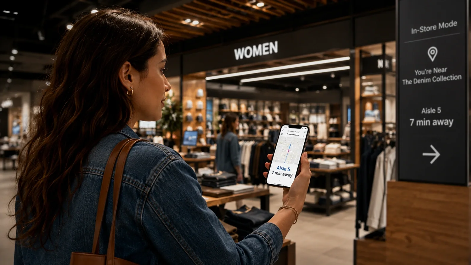 A consumer using a smartphone app to navigate and scan products inside a modern retail store