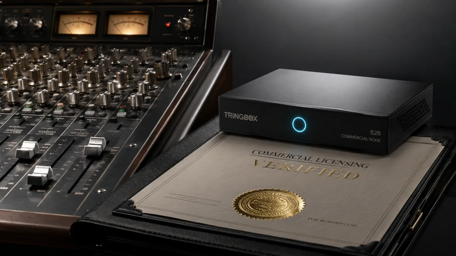 A conceptual studio photograph contrasting a high-end analog mixing console with a sleek commercial edge-computing audio device.