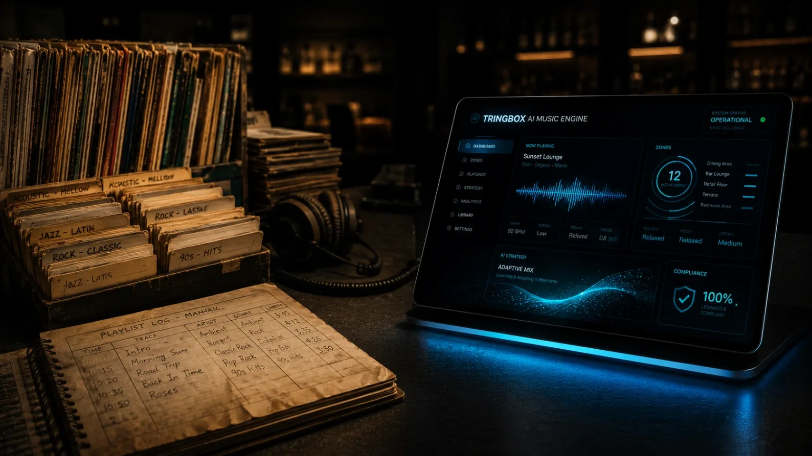 A conceptual studio photograph contrasting a massive, dusty catalog of vinyl records against a glowing, modern AI edge-computing audio device.