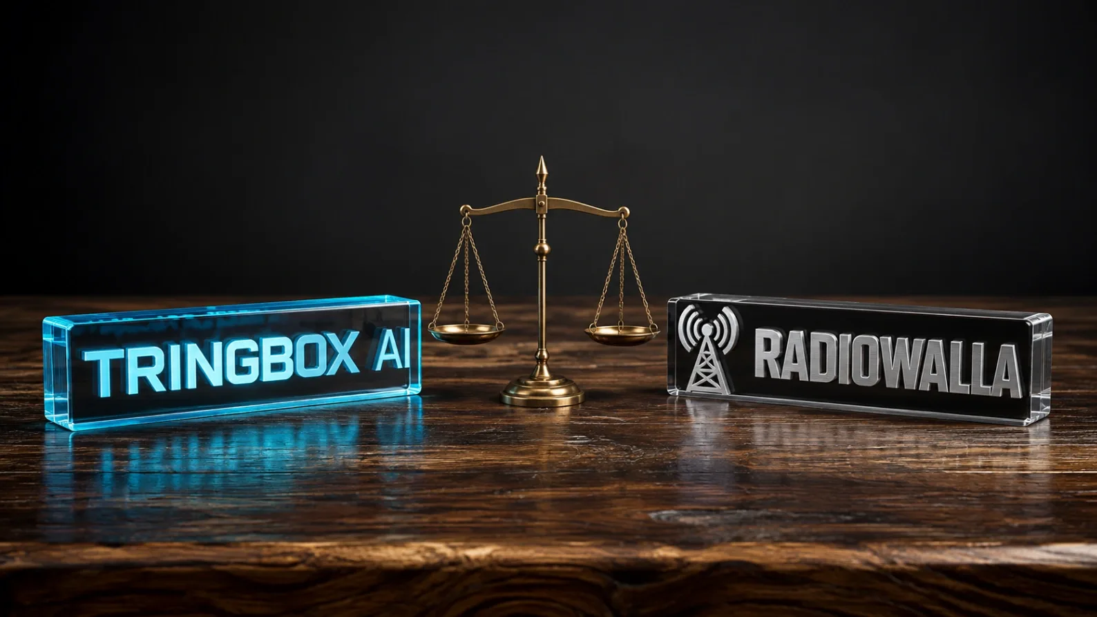 A physical comparison photograph showing two 3D acrylic logos, representing Tringbox AI and Radiowalla, placed side by side on a studio table.