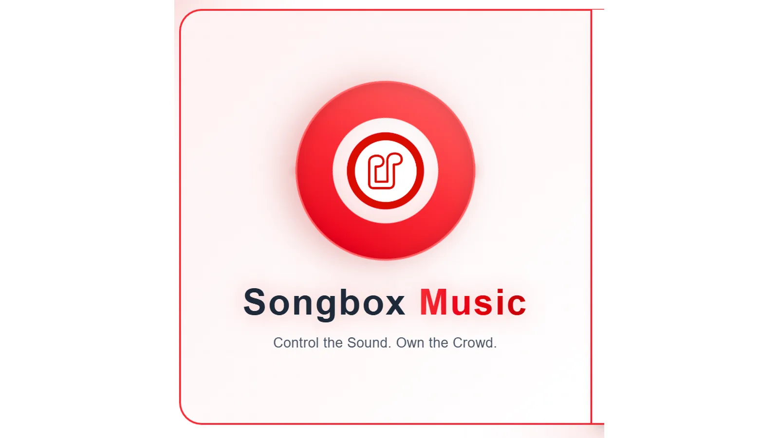 A sleek, physical acrylic block featuring the vivid red Songbox Music logo resting on a textured wooden cafe table, representing the human touch in commercial hospitality.