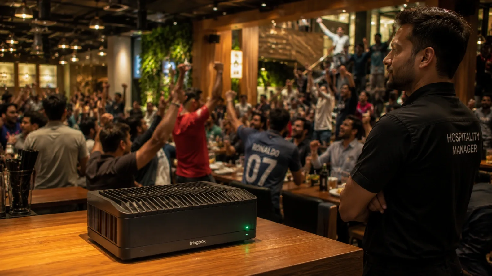 A bustling, high-end sports bar environment showcasing fans reacting to a match, emphasizing the physical retail impact of the 2026 FIFA World Cup.